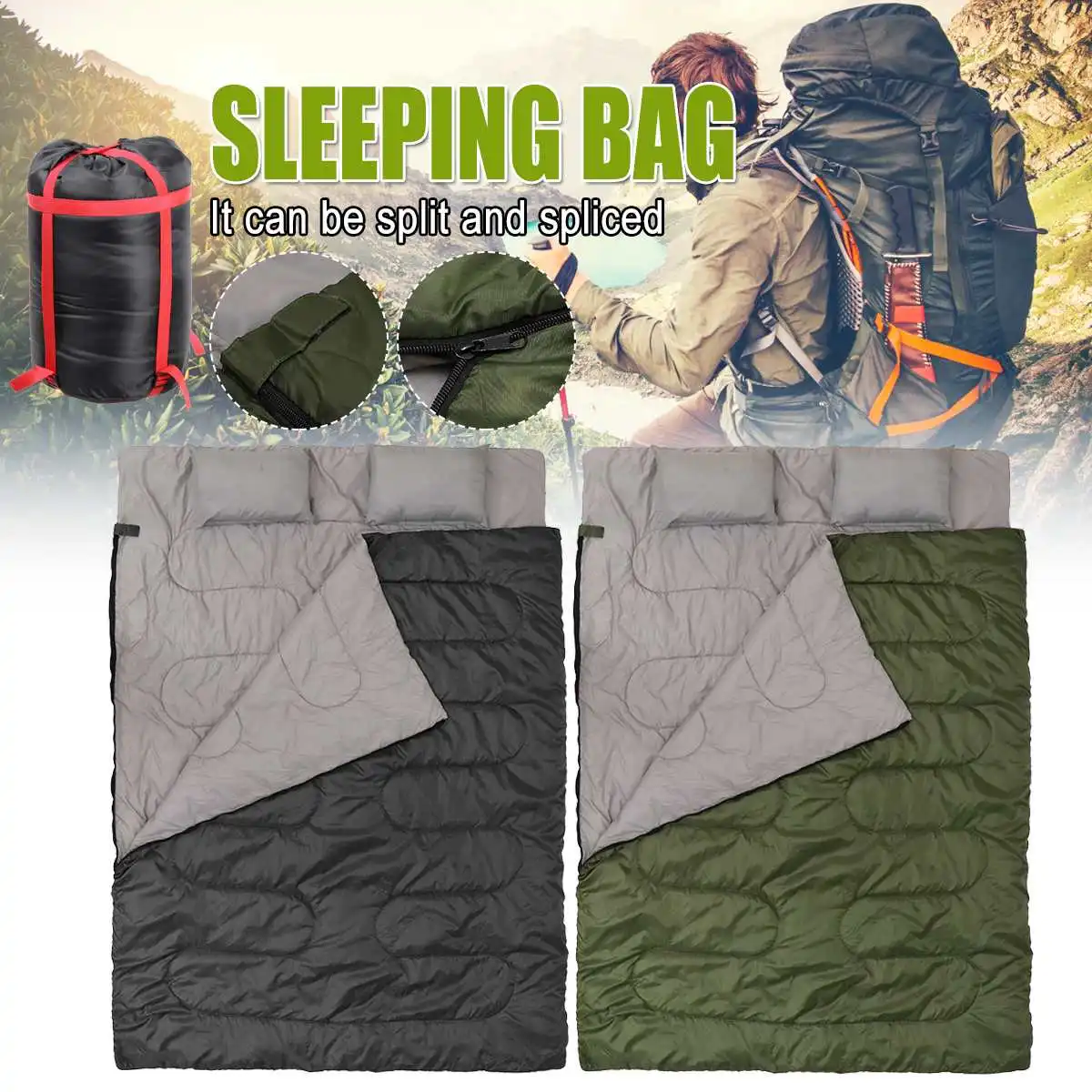 

220x150 cm Sleeping Bags With Pillow Sack Portable and Lightweight for 3-4 Season Warm Envelope Backpacking Camping Hiking