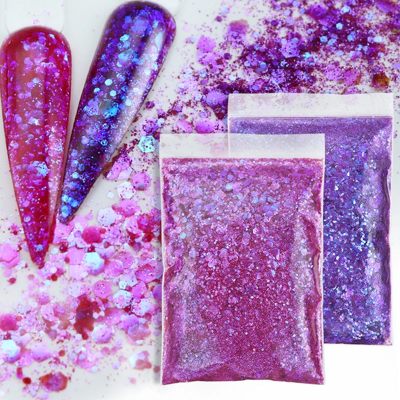 

50 г шестигранные блестки для ногтей Пудра Хамелеон светоотражающий пигмент крупные Блестки УФ-гель для ногтей принадлежности для ногтей Де...