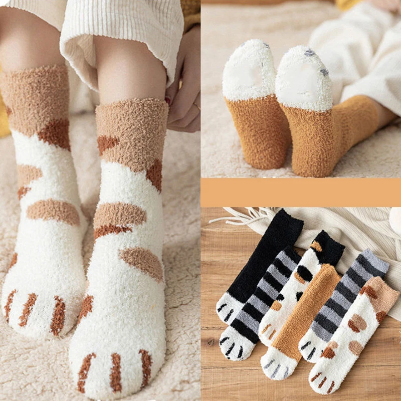 

Fashion Women Thick Warm Fluffy Winter Cat Paw Cute Cartoon Soft Funny Sock Lounge Slipper Floor Fuzzy Sleeping Socks