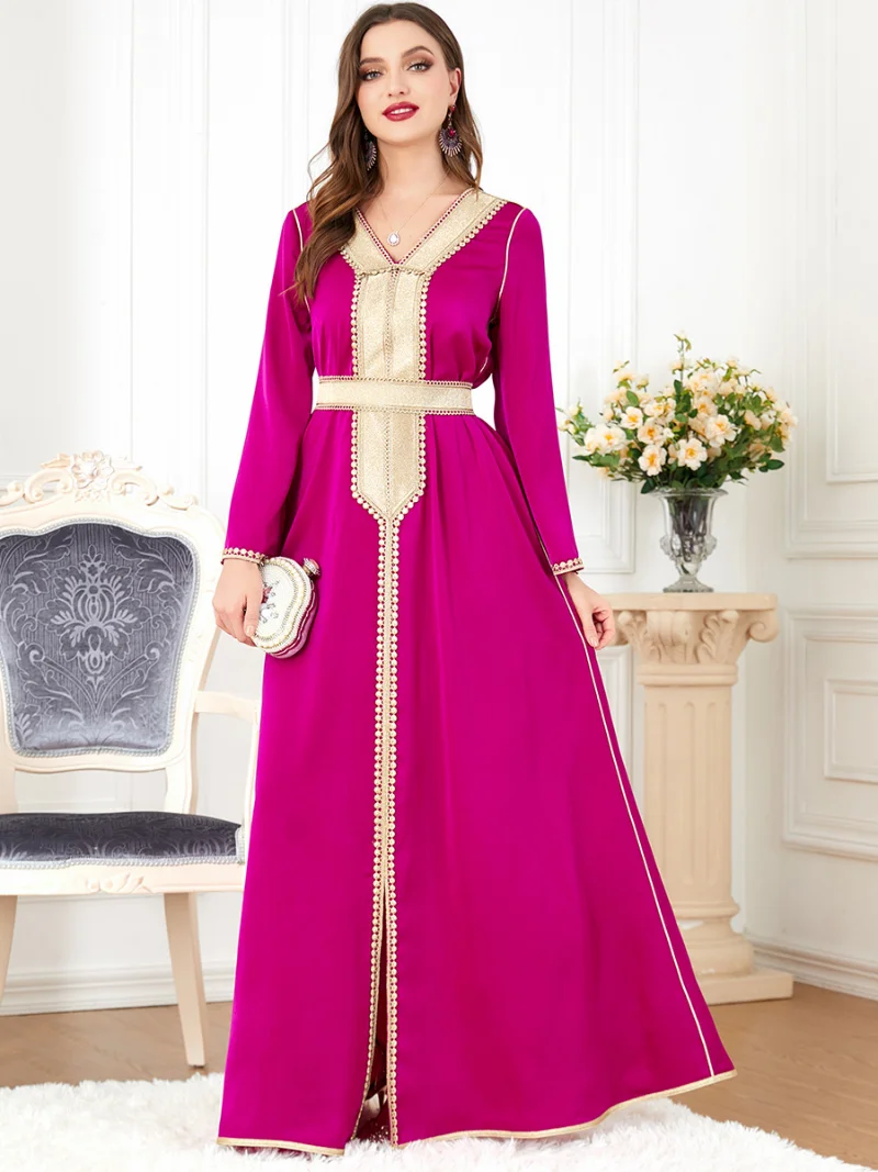 Ramadan Abaya Arabic Long Dress for Women Lace Trim Belted Gulf Jalabiya Evening Gowns Muslim Eid Moroccan Kaftan Islam Clothing
