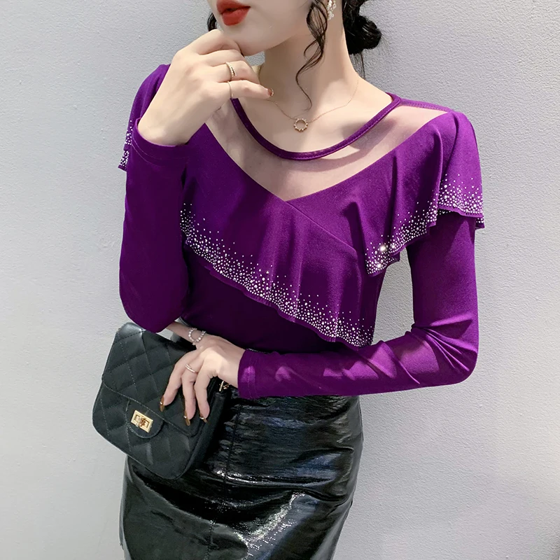 

Autumn Winter Hot Drilling T shirt Women New Sexy Patchwork Mesh Tops Fashion Round Neck Ruffles Long Sleeve Bottoming shirt