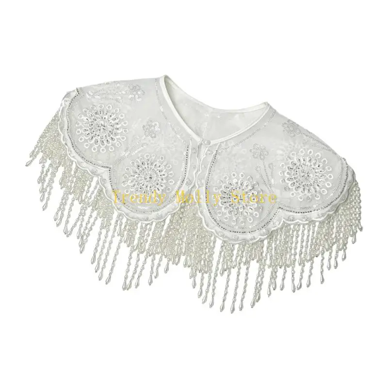 Фото N5KB Модный белый многослойный воротник из органзы Шаль Yunjian с художественной вышивкой и изящной бахромой №3