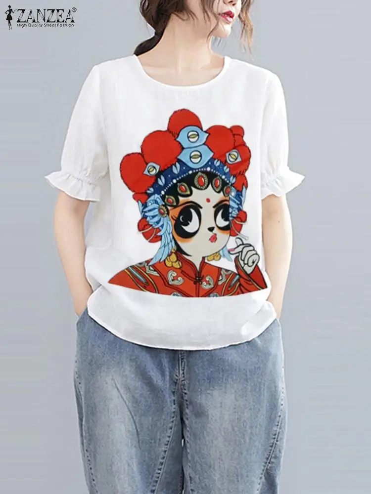 

ZANZEA Womens Vintage Blouse 2022 Summer Retro Short Sleeve Tops Tunic Casual Bohemian Printed Blusa O Neck Chemise Oversized