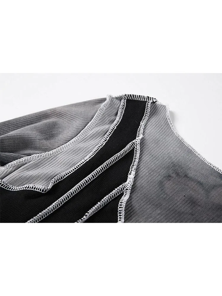 Укороченная облегающая футболка с асимметричным пэчворком женская уличная