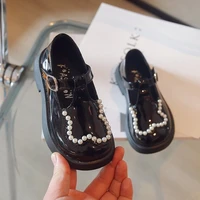 girls covered toes shoes 2022 spring fashion kids round toe thick bottom leather shoes children pearls flats shoes