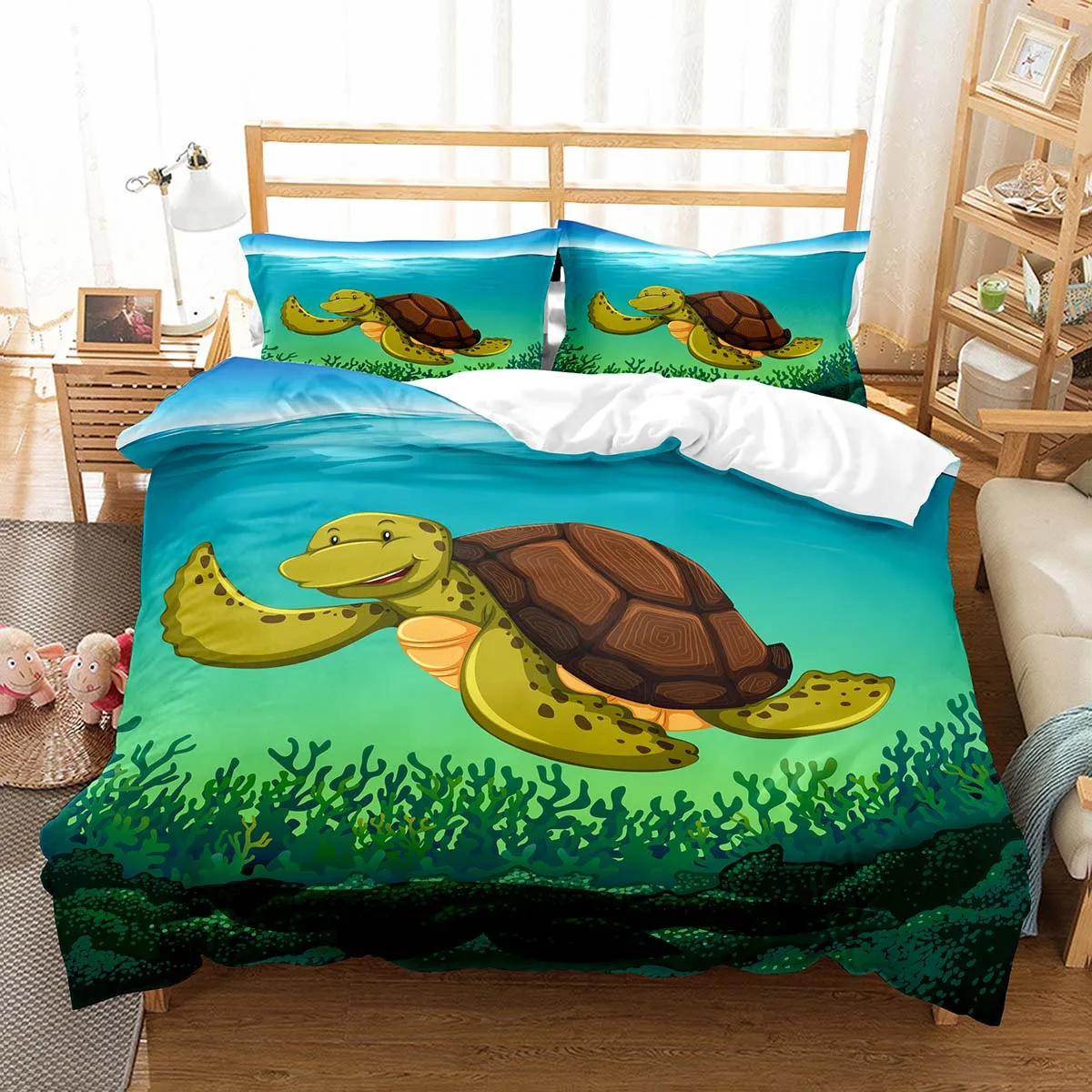 

Cartoon Sea Turtle King Queen Duvet Cover Lovely Tortoise Bedding Set Kids Ocean Animal Quilt Cover Polyester Comforter Cover