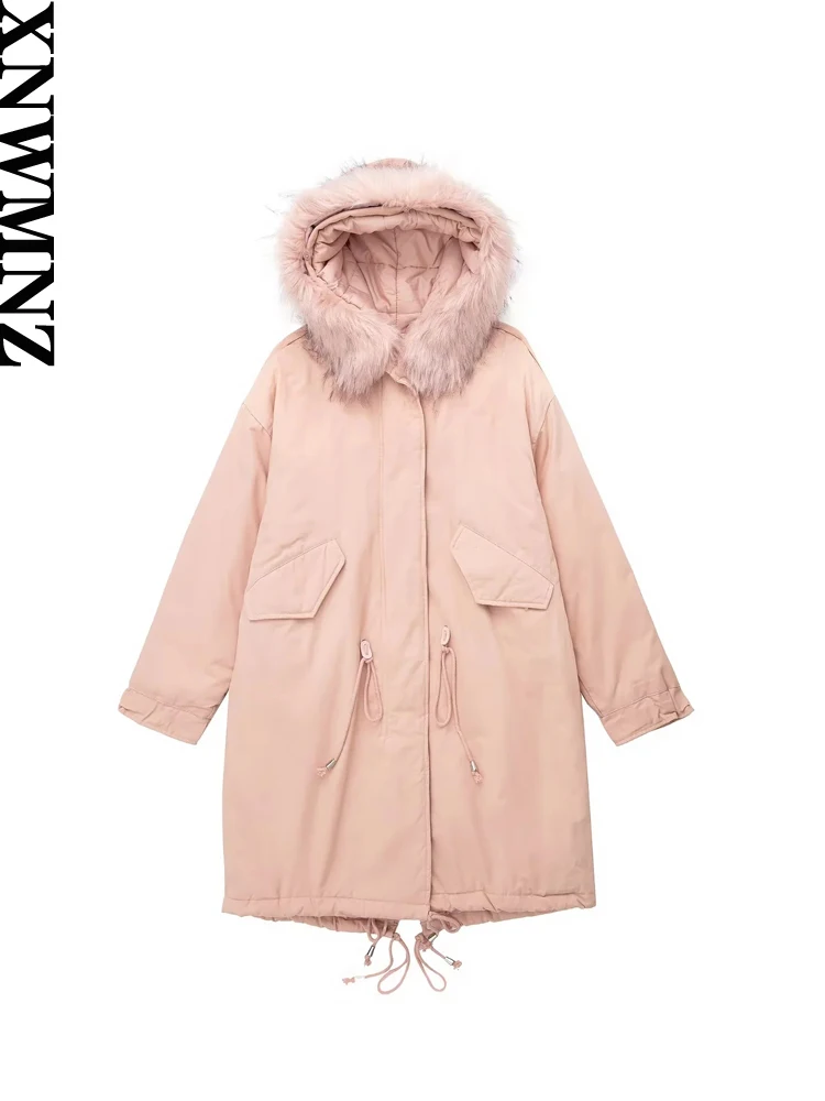 XNWMNZ Women Fashion Faux Fur Hooded Thick Warm Padded Coat Vintage Long Sleeve Adjustable Waist Outerwear Female Chic Overcoat