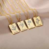 custom birth month flower name necklace for women men gold color personalized stainless steel square necklaces birthday jewelry