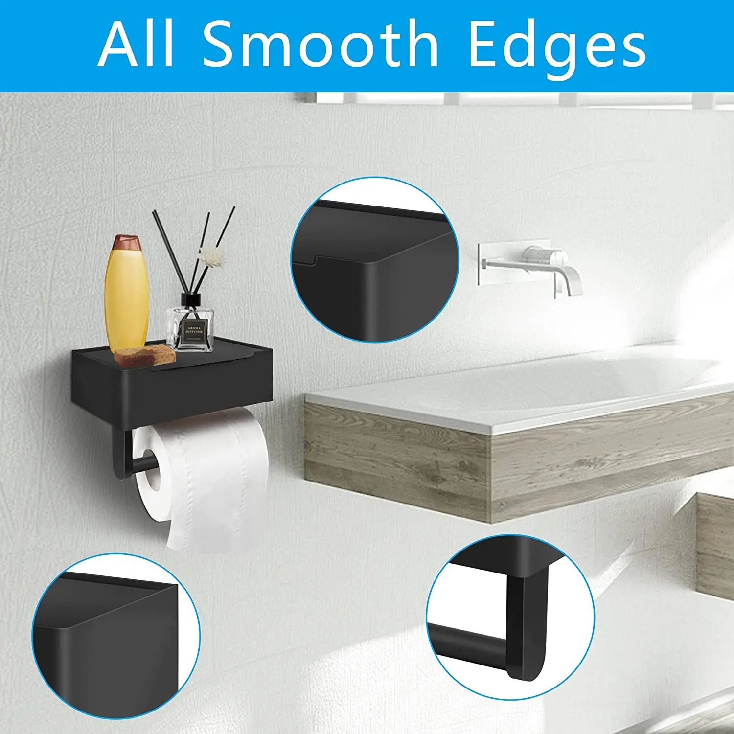 

Wall Mounted Tissue Paper Holder Roll Holder With Phone Storage Shelf Bathroom Accessories Black Toilet Paper Holder