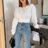 fashion korean version of the new autumn pure color casual wild thin loose high waist short sweater women sweatshirts vintage