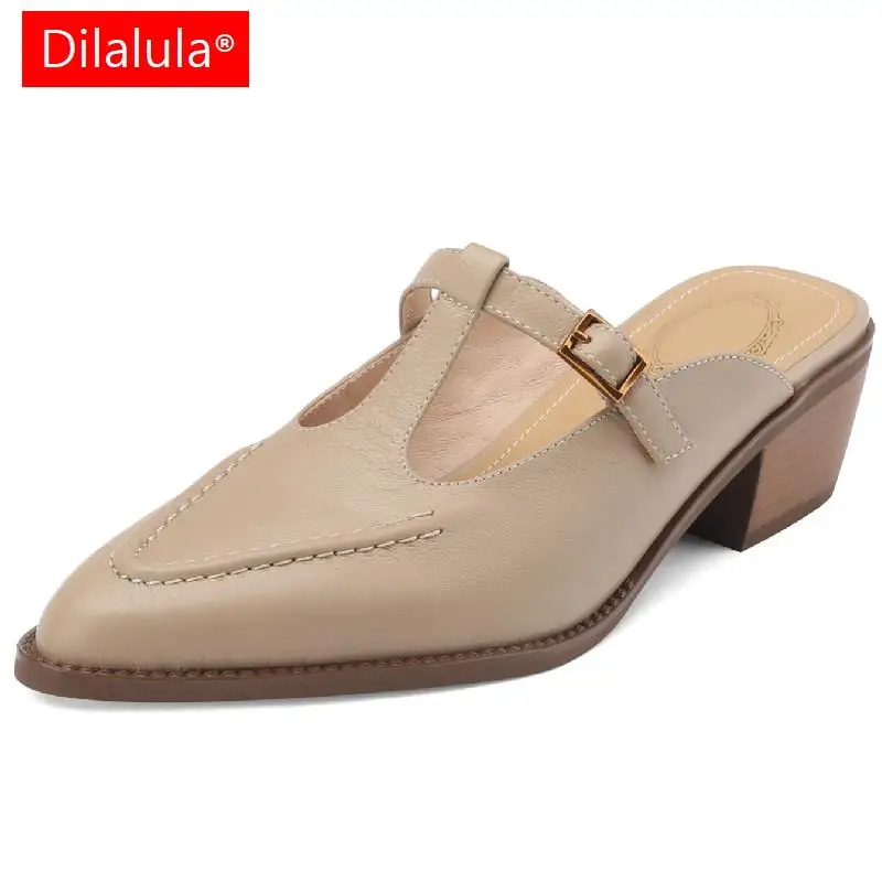 

Dilalula Office Casual Women Pumps Point Toe Thick Heels Mules T-Strap Genuine Leather Slippers Shoes Woman Summer Sandals