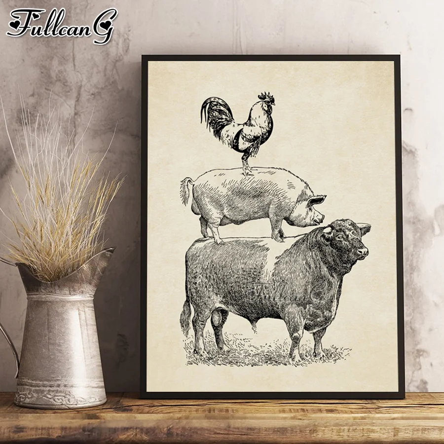 

poultry cattle pigs chickens Diy Mosaic Painting 5D Diamond Embroidery Full Square Round Drill Picture Home Decor AA3297