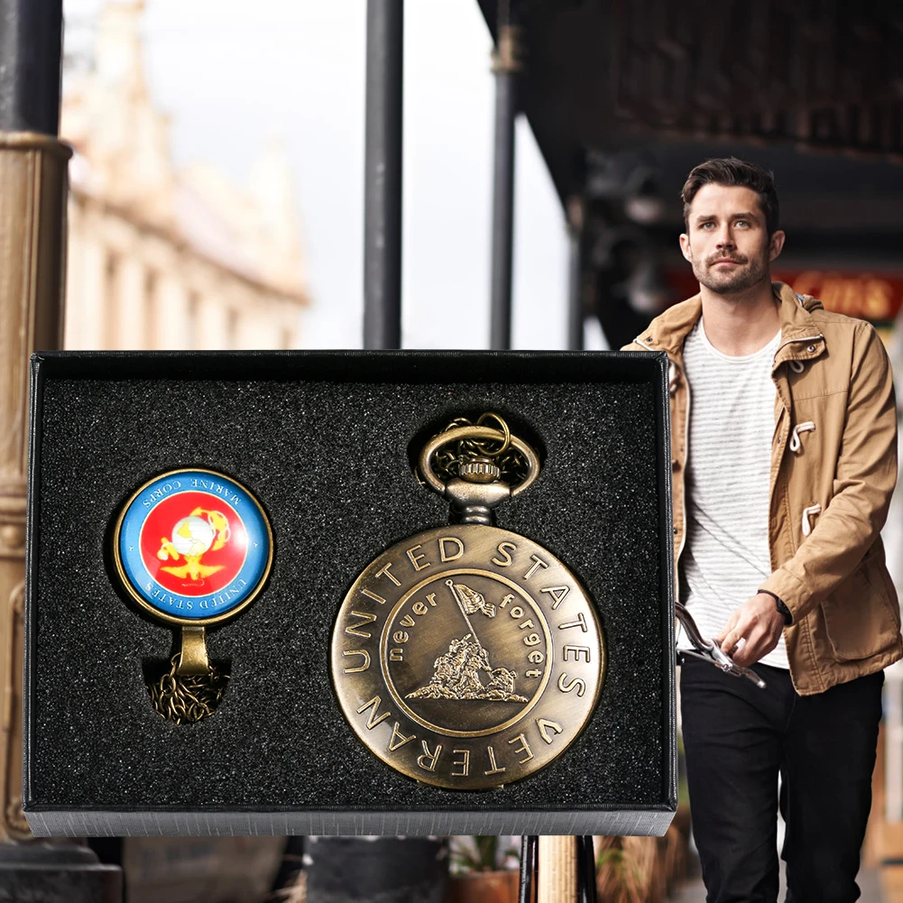 Big Bronze Quartz Pocket Watch Necklace Marine Corps Logo Souvenir Gift Set for Men Pocket Watch Masculino Red Logo Pedent Chain
