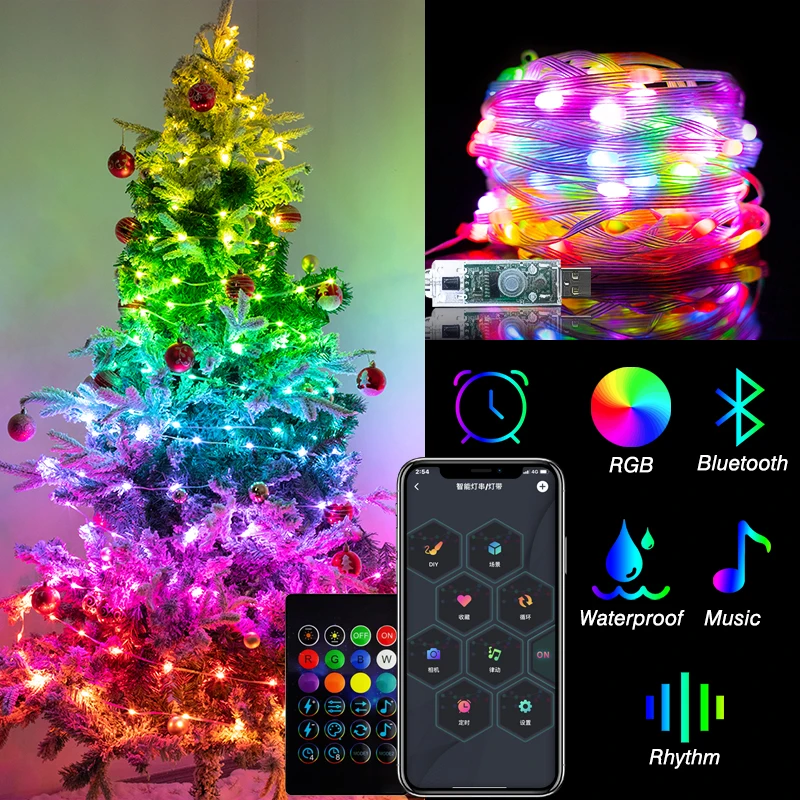 

Новая светодиодная сказочная гирлянда, умная RGB-гирлянда с управлением через приложение по Bluetooth, USB-разъем для музыки и синхронизации, для рождественской елки, для спальни, Декоративная гирлянда