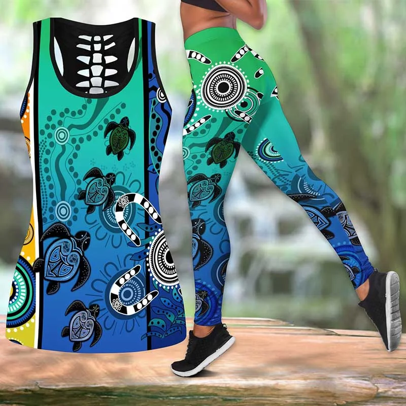 

Aboriginal Indigenous Turtle Dot Painting Art Legging + Hollow Tank Combo Print Imitation Jeans Sports Leggings Yoga Pants