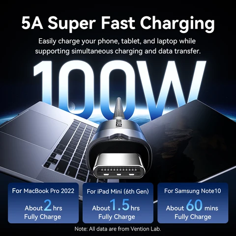 Vention 100W 5A USB Type C to USB C PD 4.0 Кабели для быстрой зарядки для Xiaomi Oneplus iPhone 15/16 Samsung 10 Гбит/с Тип C Шнур для передачи данных