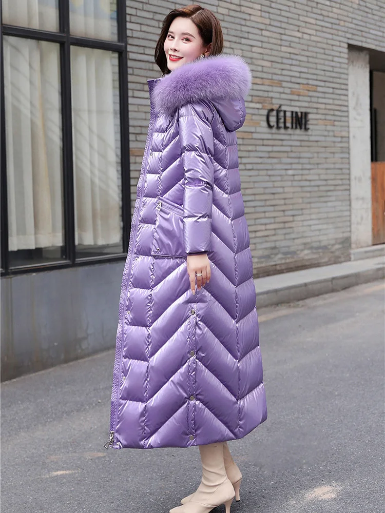 New Women Wash Free Glossy Surface Down Coat Winter Fashion Real Fox Fur Collar Lengthened Thicken Warm Slim Down Jacket Female