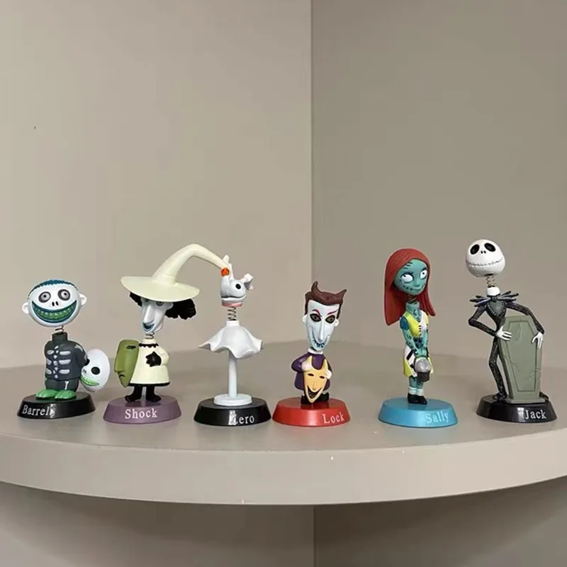 

6pcs/lot The Nightmare Before Christmas Jack Skellington Sally Lock Bobble Head PVC Figures Car Interior Decoration Accessories