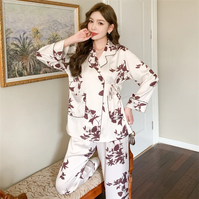 2023 Spring and Autumn New Ice Silk Pajamas Women's Long-Sleeved Trousers Lace-up Leaves Picturesque Printing Cardigan Homewear