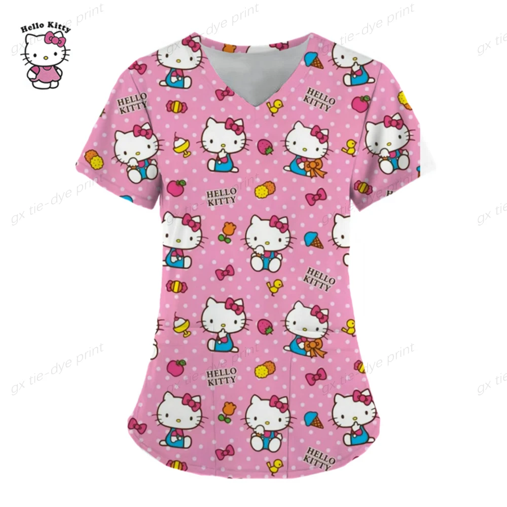 

Nurse Uniform Women Short Sleeve V-neck Tops Working Uniform Hello Kitty Print Pocket Blouse Overalls Nurse Uniforme Clinico