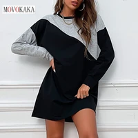 movokaka autumn winter vintage women sweatshirts dress black casual long sleeve patchwork loose vestidos o neck pullover dresses