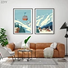 Sunny Winter Mountain Art лыжные принты плакат 
