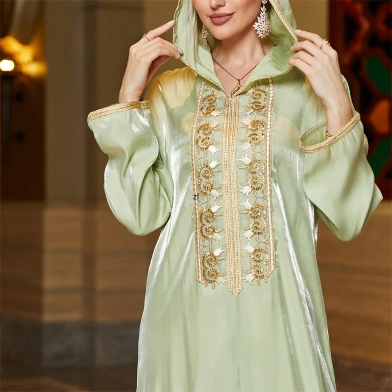 Floral Embroidery Lace Tape Hooded Dress Luxury Diamonds Solid Color Shiny Abaya For Women Dubai 2023 New in Dresses