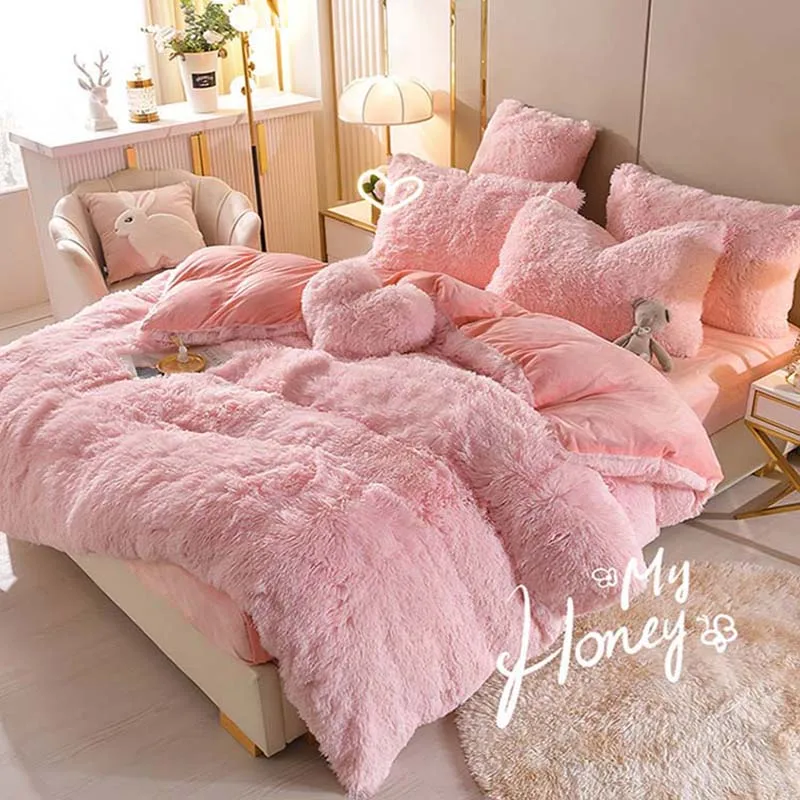 

Winter Warm Long Plush Pink Bedding Set Queen Luxury Mink Velvet Double Duvet Cover Set with Fitted Sheet Warmth Quilt Covers