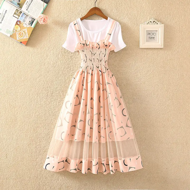 

Women 2022 Summer Fashion Set Female Floral Ruffle Sexy Sleeveless Strap Mesh Dress+White T-Shirt Casual Two Piece Suit M79