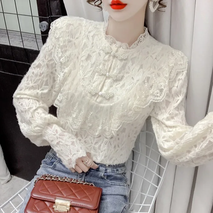 Кружевная рубашка с рюшами в стиле ретро женская утепленная на флисовой