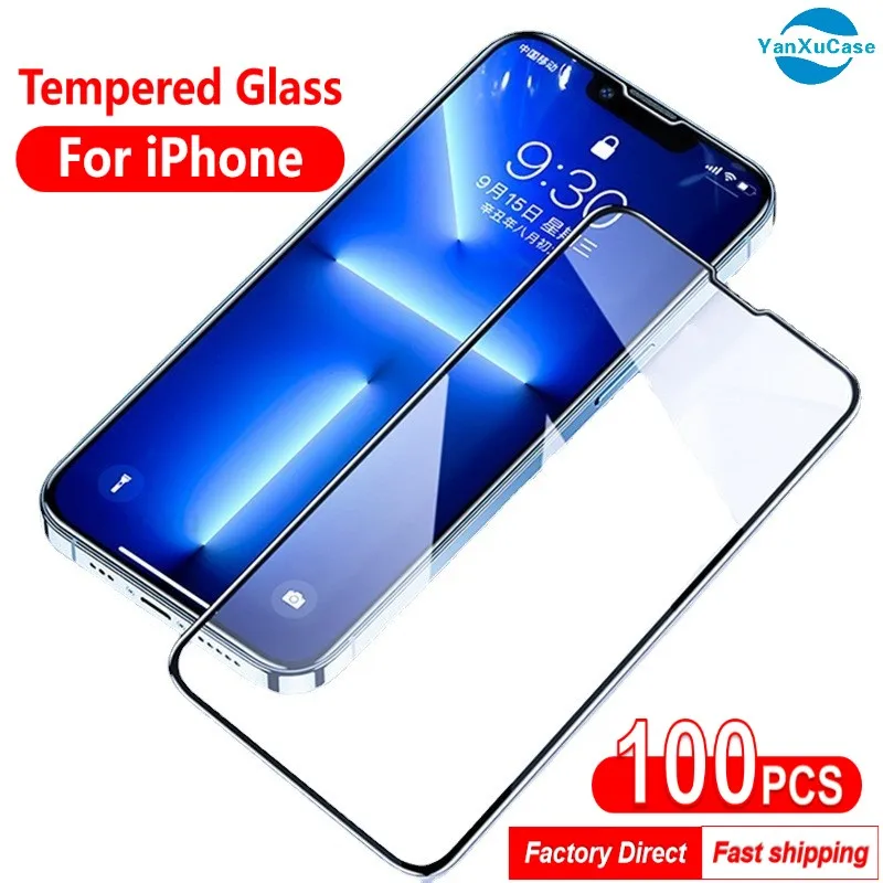 100Pcs Full Cover Tempered Glass For iPhone 13 12 Mini 11 Pro XS Max Screen Protector For X XR 6S 7 8 Plus Protective Glass Film