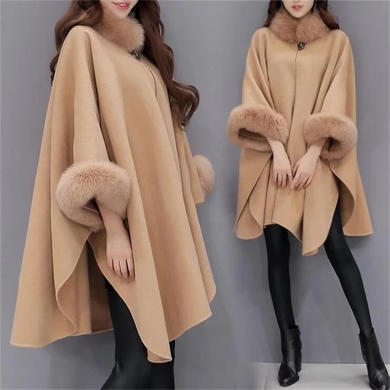 

Winter Womens Cloak Big Fur Collar Plus Size Wool Coat Long Wool Coat Long Winter Jackets Wool Coats Outerwear Woolen Blends
