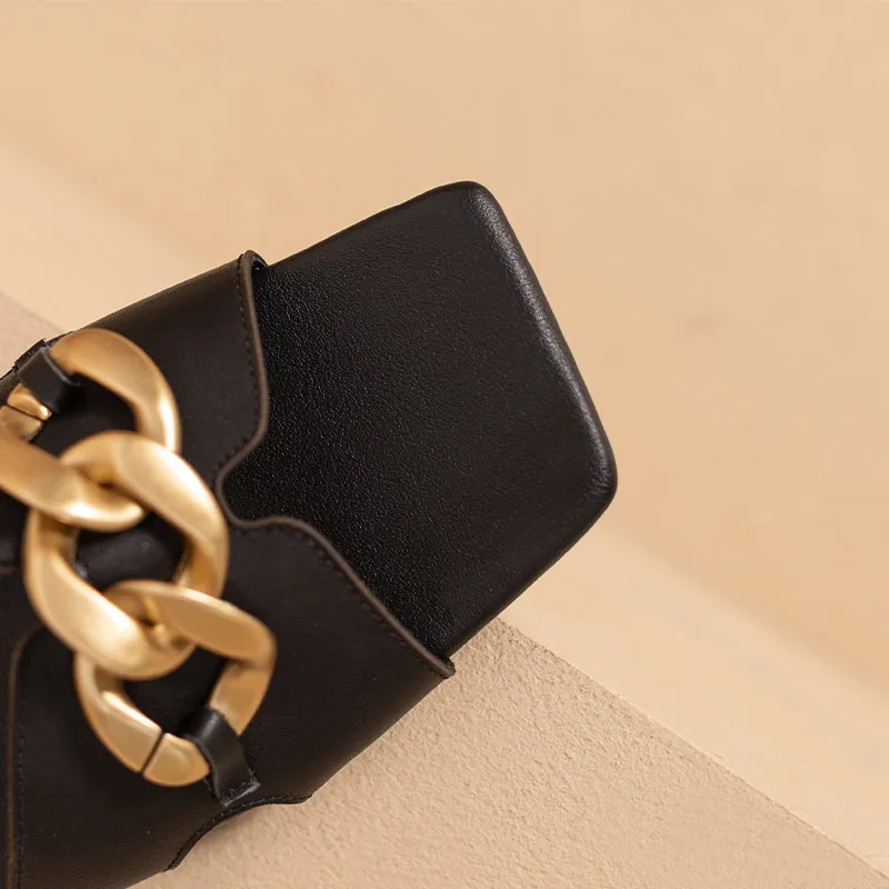 Women Slippers Genuine Leather New 2023 Summer Ladies Square Open Toe Flat Shoe Metal Decoration Sexy Beach Shoes