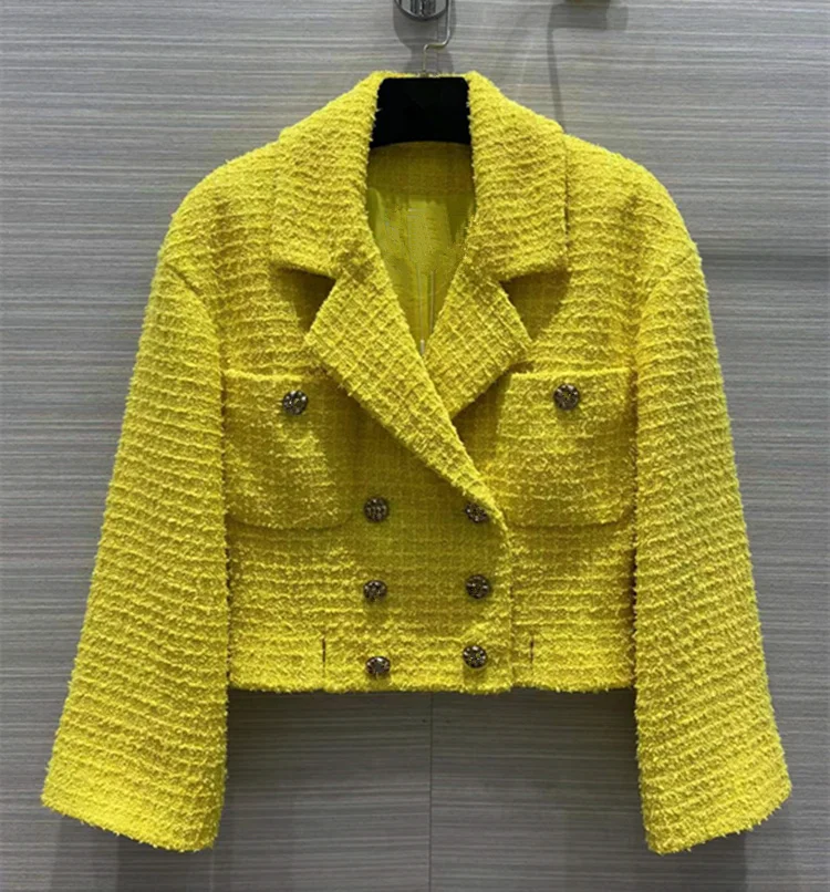 

Женская одежда в европейском и американском стиле, весна 2022, новое двубортное модное твидовое пальто желтого цвета с длинным рукавом и воро...