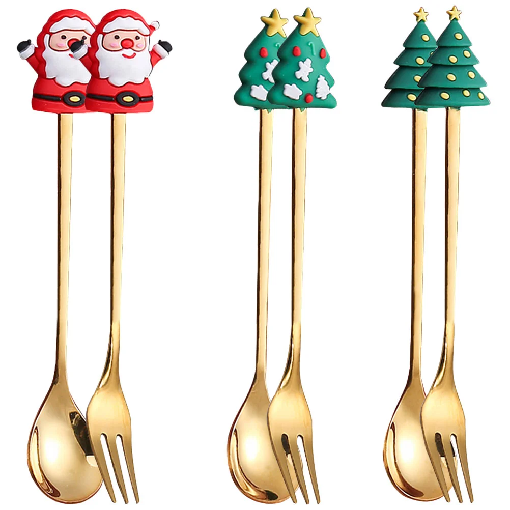 

Christmas Spoon Spoons Fork Dessert Coffeestainless Steel Forks Mixing Set Flatware Stirring Santa Tableware Silverware Fruit