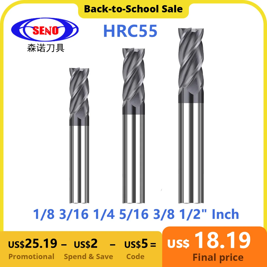

SENO 1PC HRC55 4 Flute Carbide End Mill 1/8 3/16 1/4 5/16 3/8 1/2" Inch CNC Milling Cutter Metal Steel Tools Inch Endmills