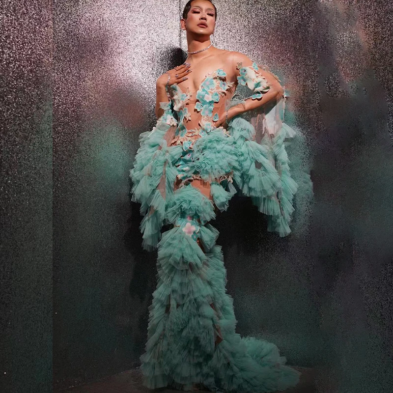 

Прозрачное длинное платье со шлейфом, соблазнительное сценическое вечернее платье с зелеными цветами, костюм для празднования дня рождения, сценического выступления