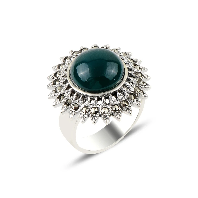 

Серебряное 925 пробы зеленое кольцо из агата и марказита