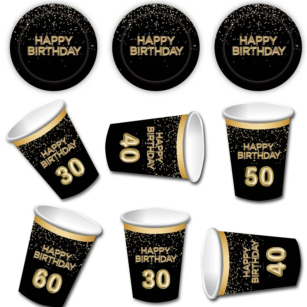 

1set 30 40 50 60 Years Old Disposable Tableware Round Flat Paper Cups Plates 30th 40th 50th Birthday Party Decoration Supplies