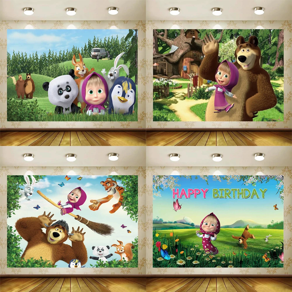 

Happy Birthday Party Cartoon The Bear Backdrops Gril Custom Name Photography Vinyl Background Photo Studio Photozone Decor Props