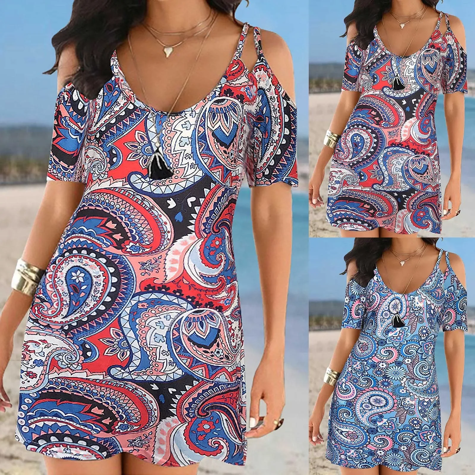 

NEW 2023 Dress for Women Summer Women Summer Fashion Printed Sling V Neck Broken Sleeve Dress Beach Short Dresses for Women