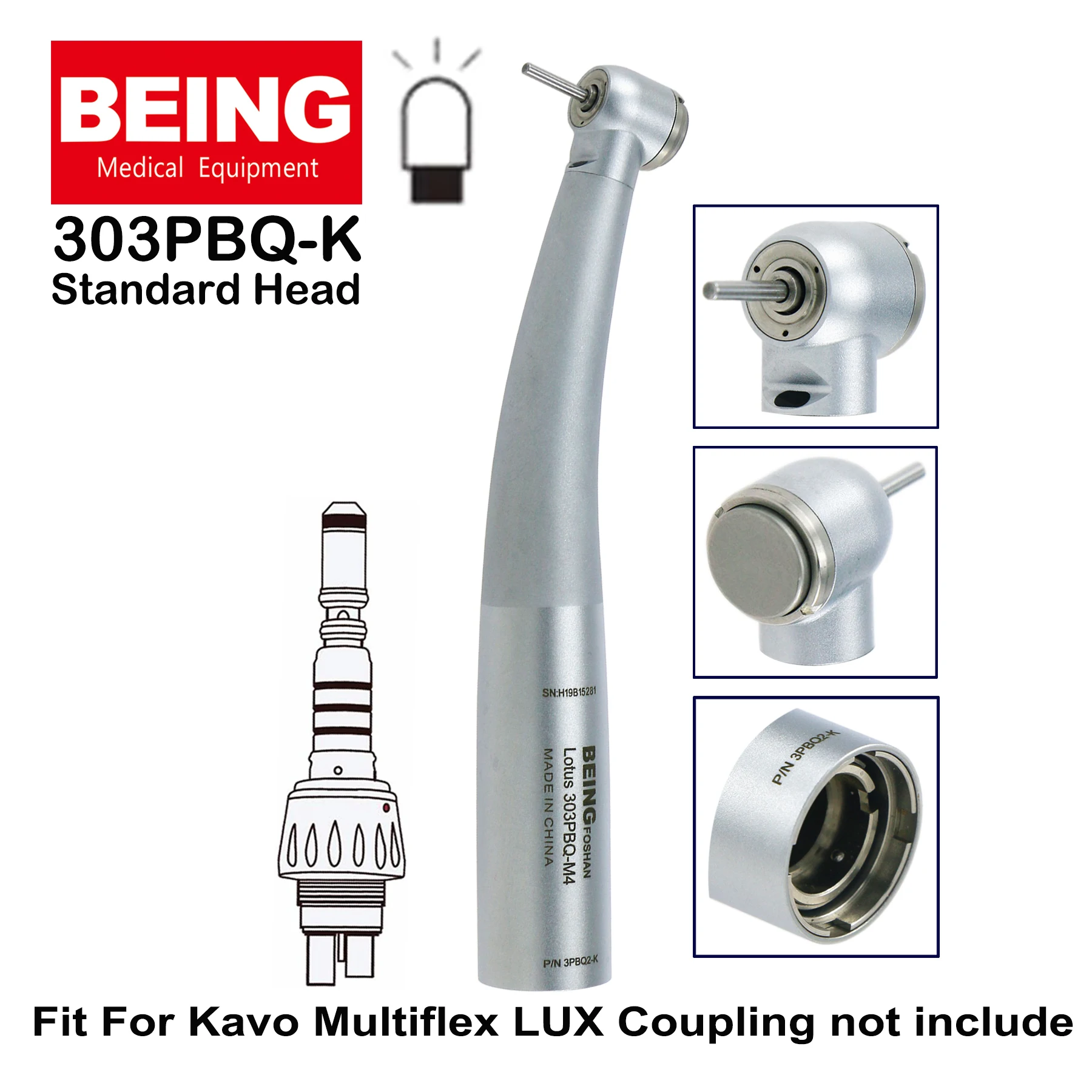 BEING Dental LED Fiber Optic High Speed Air Turbine Standard Head Turbine Handpiece 303PBQ-K For KAVO MULTIflex Coupling 6Holes