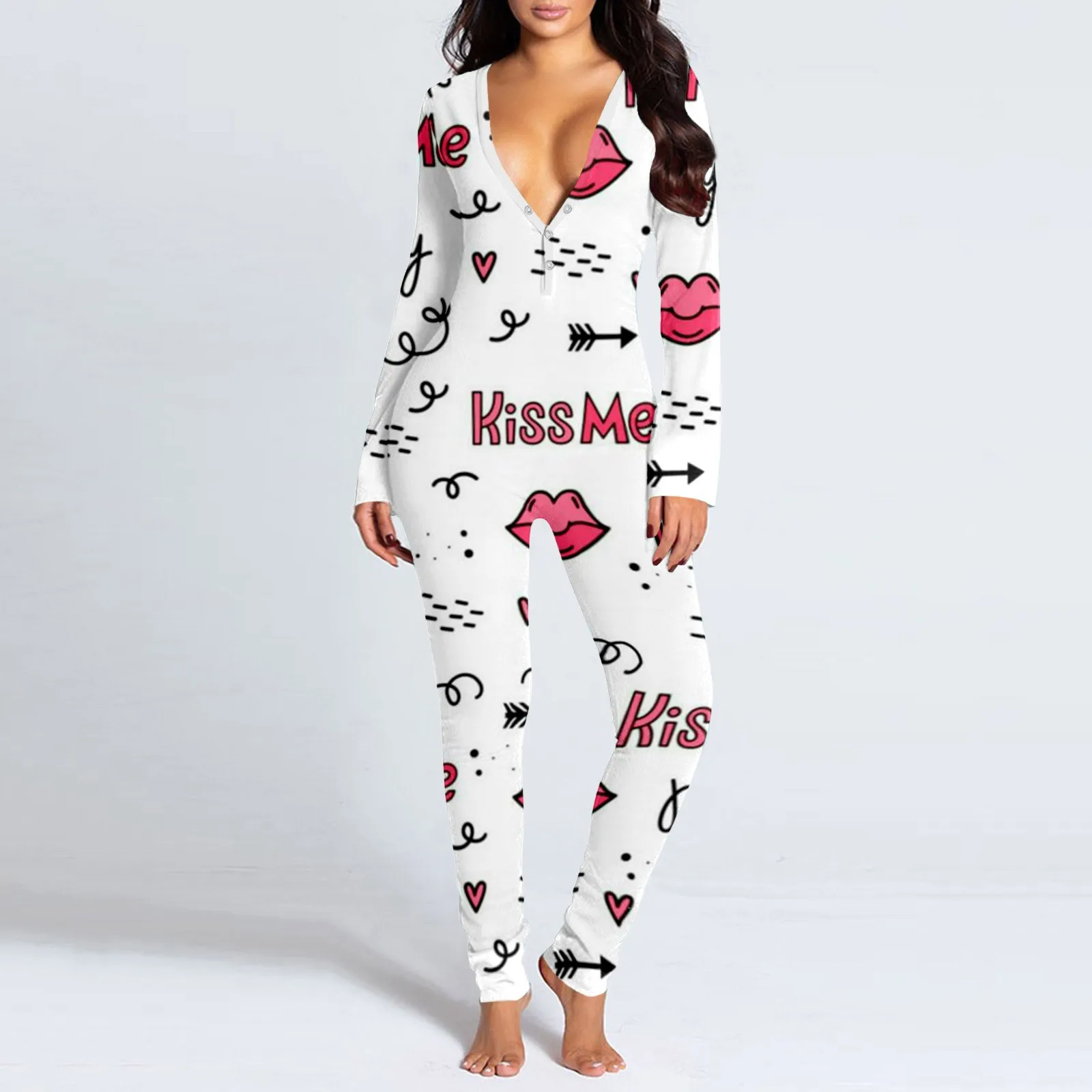 

Love Heart Sexy Pajama Set Women Jumpsuit Valentine'S Day Long Sleeve Button-Down Functional Buttoned Flap Sleepwear Overalls