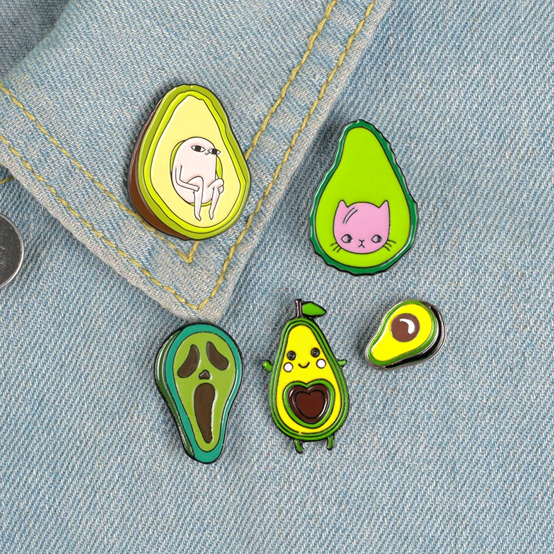 

10 PCS / LOT Avocado Enamel Pins Custom Fresh Fruit Brooches Bag Clothes Lapel Pin Cartoon Ghost Cat Pear Badge Funny Meme