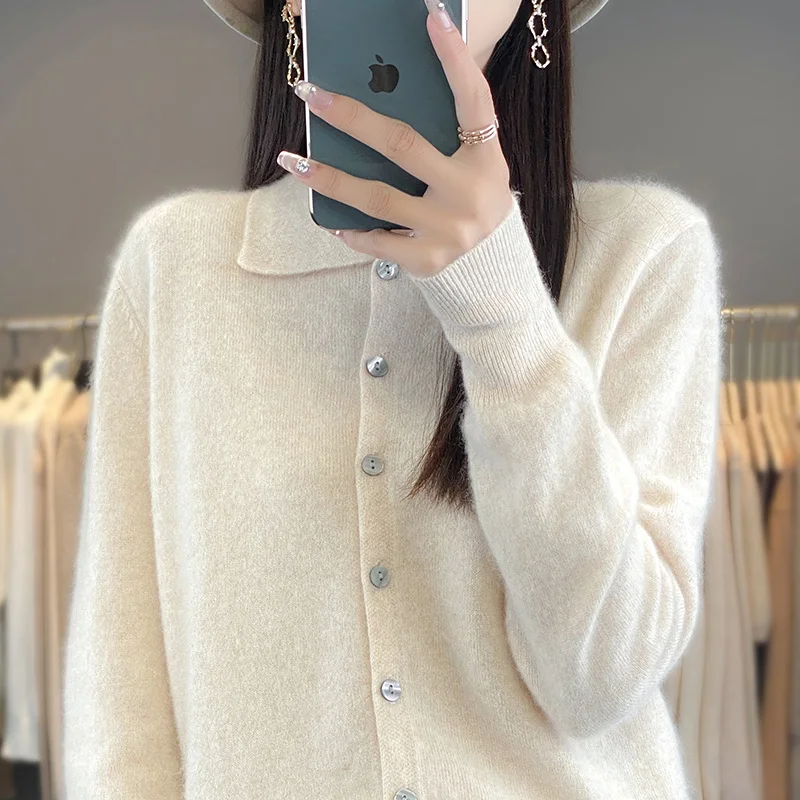 Осенне-зимний новый женский свитер кардиган с воротником поло из 100% мериносовой