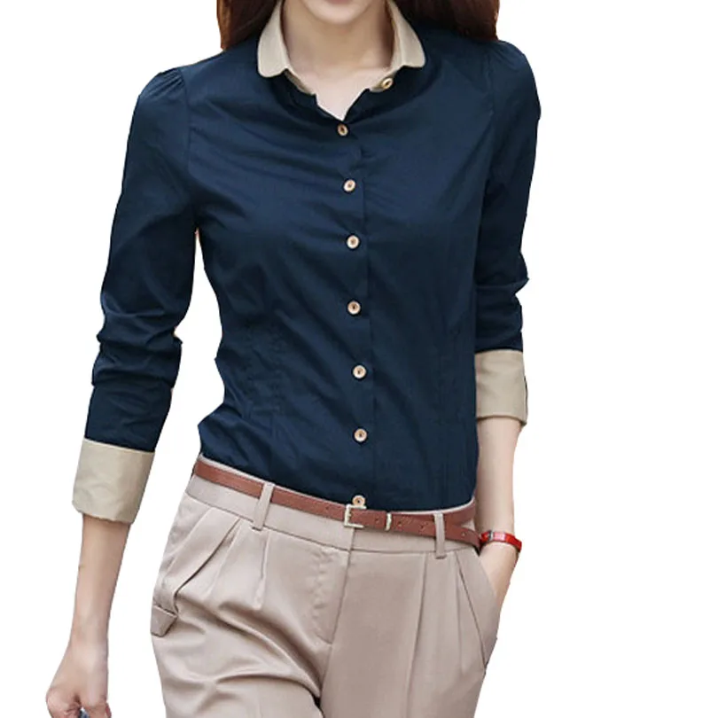 Hot Patchwork Long Sleeve Shirts Women Blouse Autumn Lapel Office Ladies Button Casual Shirt Business Blouses Blue Tops Blusas