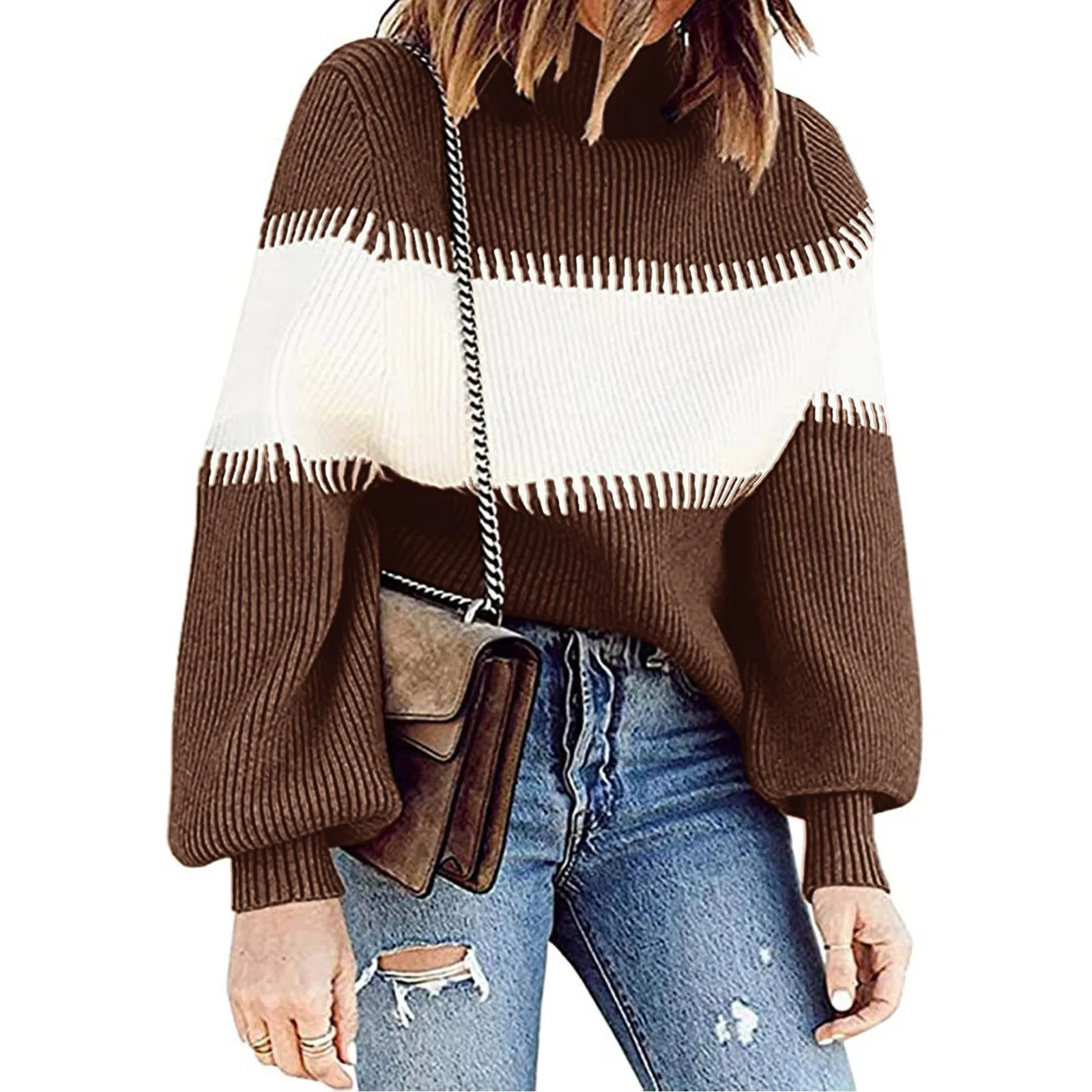 

Women Casual Colorblock Mid High Collar Contrast Color Knit Sweater Long Sleeve Top Sweater Pullover Fleece Women