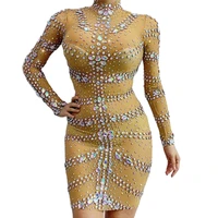 rhinestones sequins dresses mesh gauze perspective dress above knee backless nightclub performance costume women dance wear