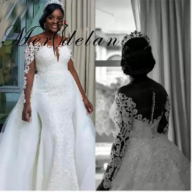 

Merdelan White Mermaid Wedding Dresses With Bow Satin Off Shoulder Lace Sexy Bridal Gowns White Ribbons Brides