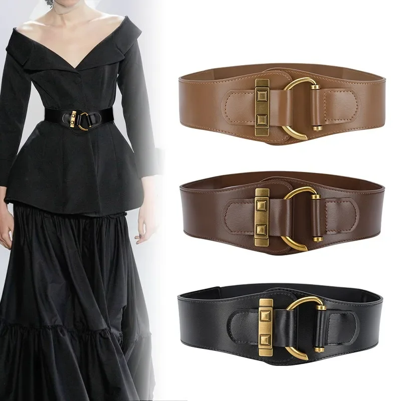 

Retro Belts for Women Waistband Elastic Waistband Women Paired for Long Coat or Skirts Fashion Vintage Buckle Leather Wide Belt